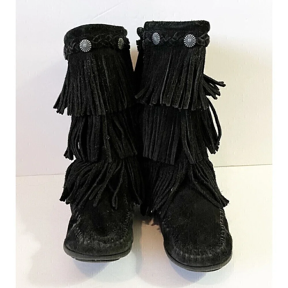 Minnetonka Moccasin Girls Black Boots 3 Layer Fringe Sz 12 Syle 2659 Leather
